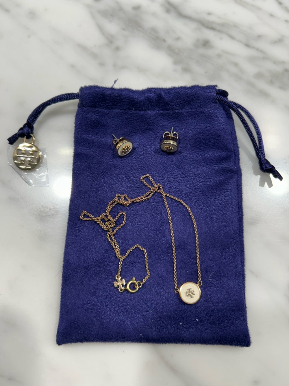 Tory Burch White and Gold Logo Disc Necklace and Stud Earrings Set NWOT